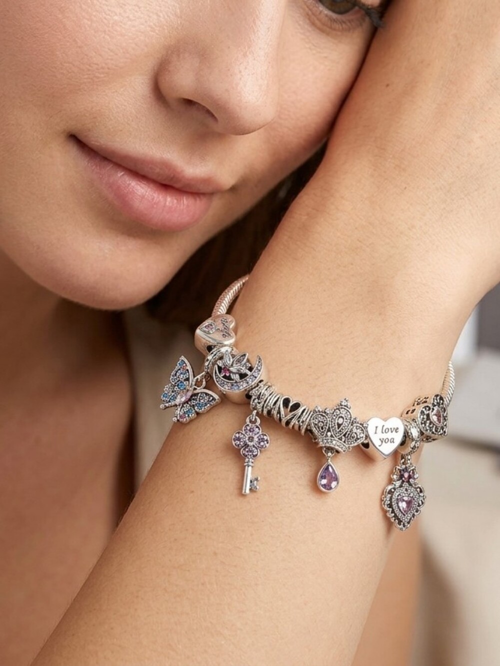 Linx Snake Chain Bracelet with Wife & Mom Themed Charms 925 sterling silver